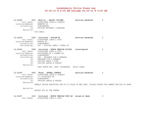 Londonderry Police Press Log 06-25-11 @ 6:00 AM through 06-26 ...