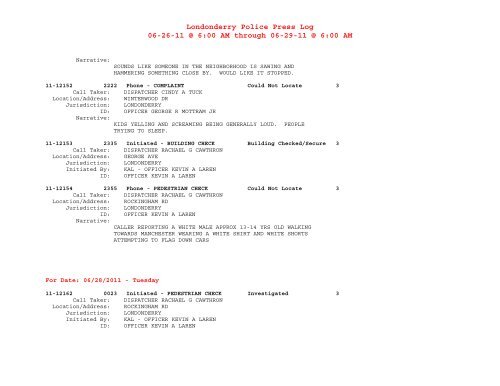 Londonderry Police Press Log 06-25-11 @ 6:00 AM through 06-26 ...