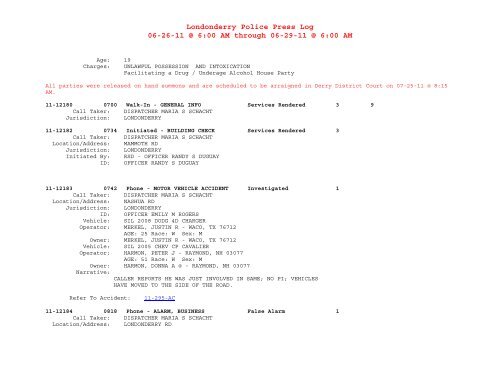 Londonderry Police Press Log 06-25-11 @ 6:00 AM through 06-26 ...