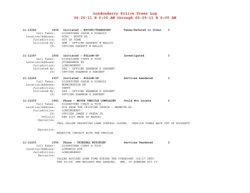 Londonderry Police Press Log 06-25-11 @ 6:00 AM through 06-26 ...