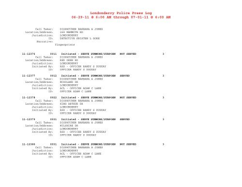 Londonderry Police Press Log 06-25-11 @ 6:00 AM through 06-26 ...