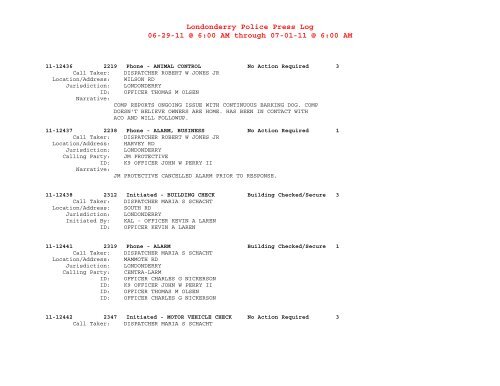 Londonderry Police Press Log 06-25-11 @ 6:00 AM through 06-26 ...