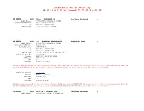 Londonderry Police Press Log 06-25-11 @ 6:00 AM through 06-26 ...