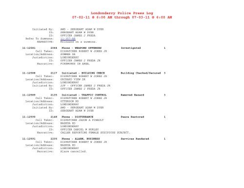 Londonderry Police Press Log 06-25-11 @ 6:00 AM through 06-26 ...