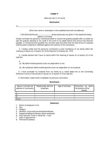 FORM 'F' [See sub-rule (1) of rule 6] Nomination To ...