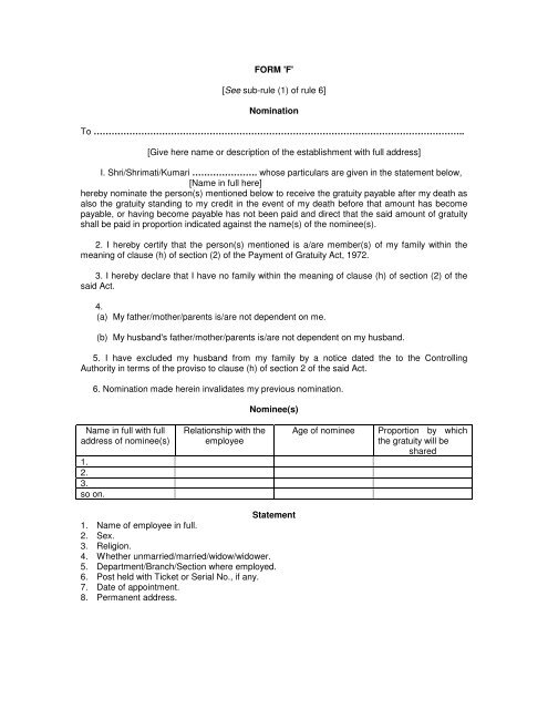 FORM 'F' [See sub-rule (1) of rule 6] Nomination To ...