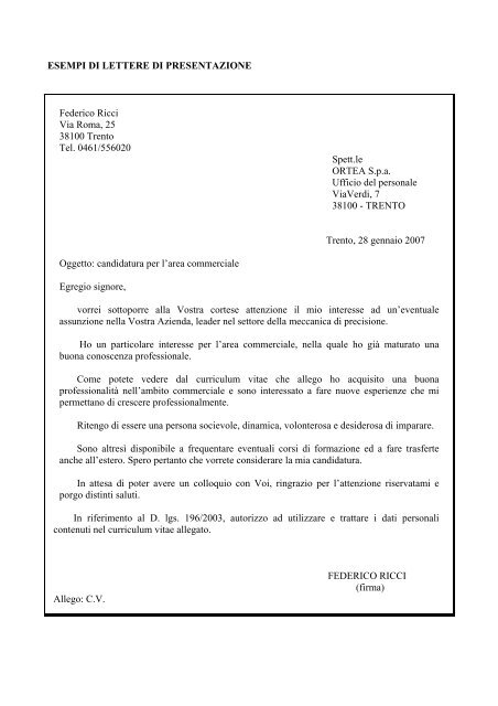 ESEMPI DI LETTERE DI PRESENTAZIONE - Agenzia del Lavoro