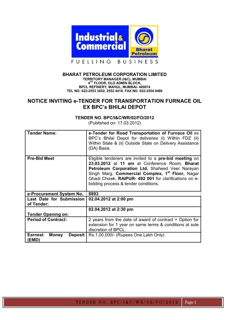 T000003547_FileName_BHILAI FO Tender ... - Bharat Petroleum