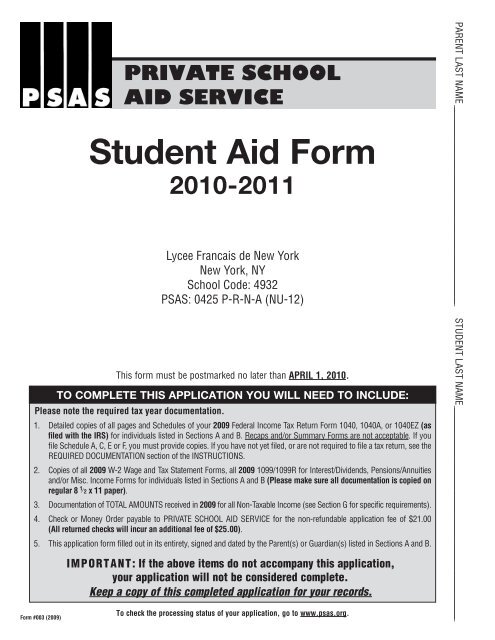 Student Aid Form â¢ 2010 - LycÃ©e FranÃ§ais de New York