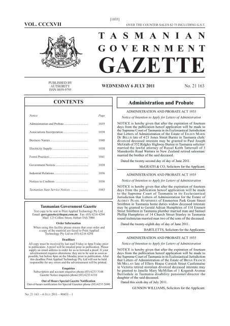 21163 - Gazette 06 July 2011 - Tasmanian Government Gazette