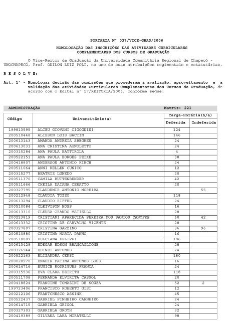portaria nÂº 037/vice-grad/2006 homologaÃ§Ã£o das ... - UnochapecÃ³