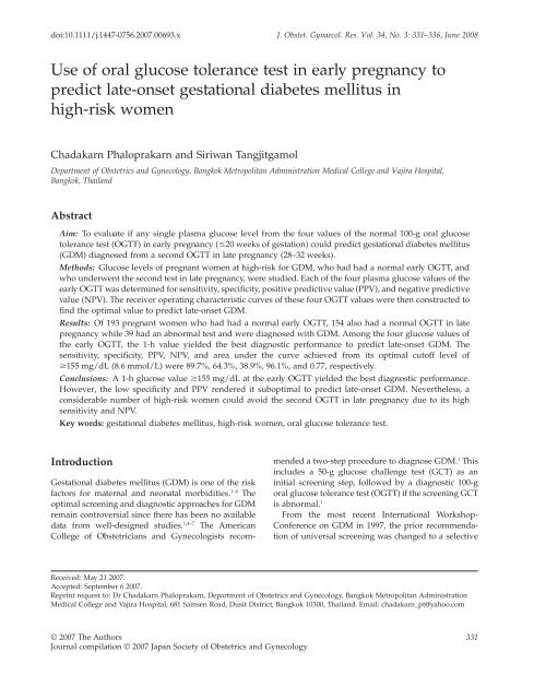 Use of oral glucose tolerance test in early pregnancy to predict late ...