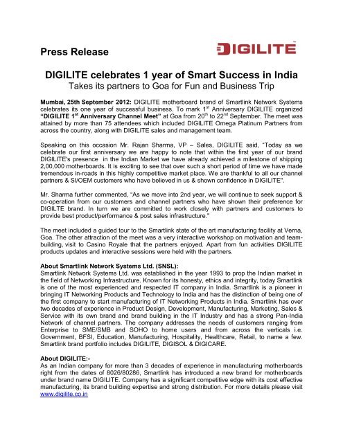 Press Release DIGILITE celebrates 1 year of Smart ... - Digisol.com