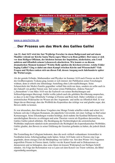 .... Der Prozess um das Werk des Galileo Galilei - G/Geschichte