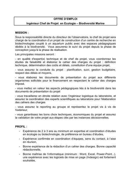 OFFRE D'EMPLOI Ingénieur Chef de Projet en Ecologie ...