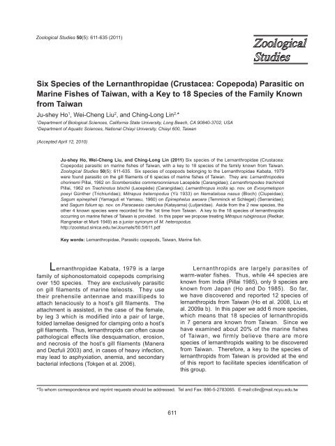 Six Species of the Lernanthropidae - Zoological Studies