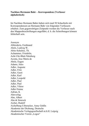 Nachlass Hermann Bahr – Korrespondenz (Verfasser alphabetisch ...