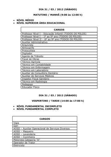 DIA 31 / 03 / 2012 (SÃBADO) MATUTINO / MANHÃ (9:00 Ã s 12:00 h ...