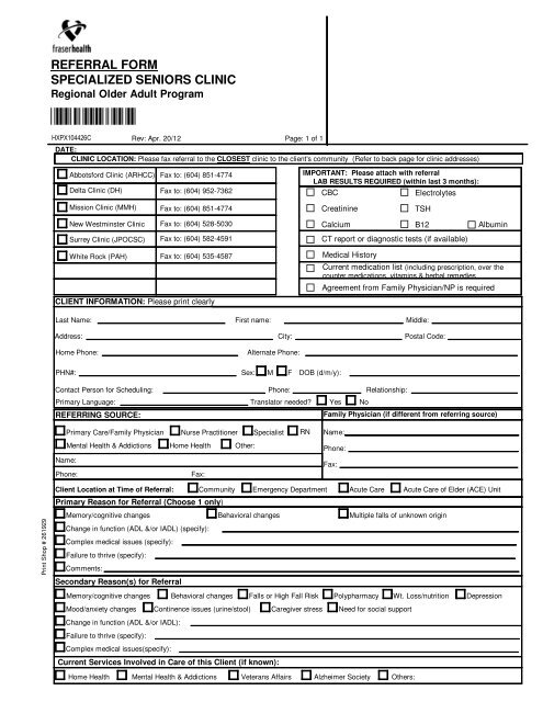 Specialized Seniors Clinic Referral Form - Physicians
