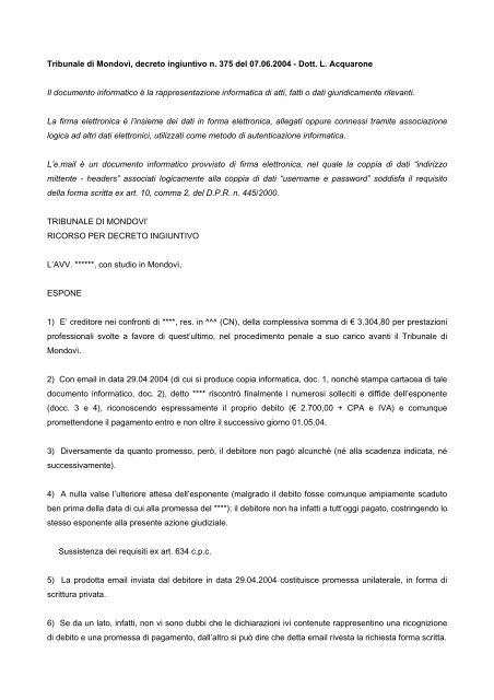 Ricorso per decreto ingiuntivo (Sentenza del tribunale ... - GlobalTrust