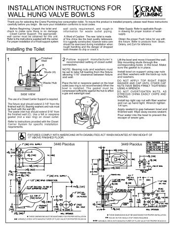 INSTALLATION INSTRUCTIONS FOR WALL ... - Crane Plumbing