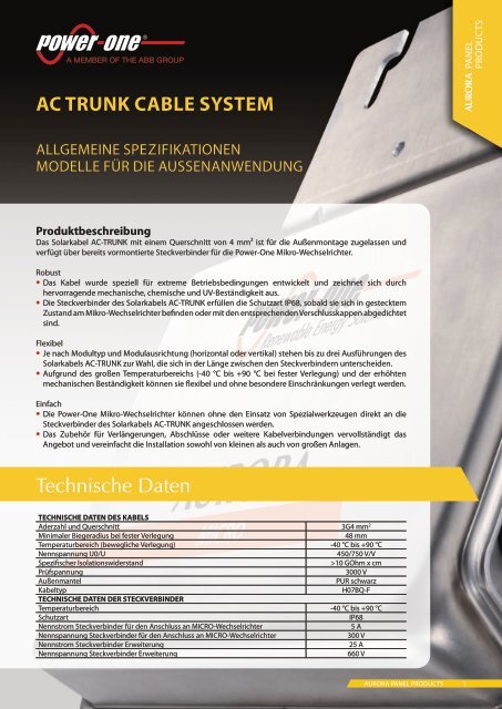 AC Trunk CAble SySTem Technische Daten - Power-One