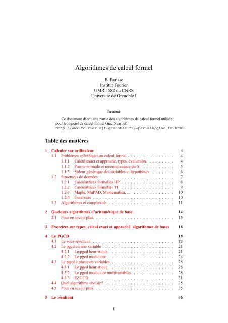 Algorithmes de calcul formel - Free