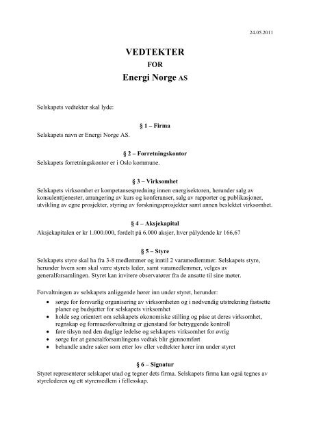 VEDTEKTER Energi Norge AS