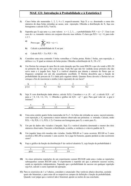 MAE 219 â INTRODUÃÃO Ã PROBABILIDADE E Ã ESTATÃSTICA I