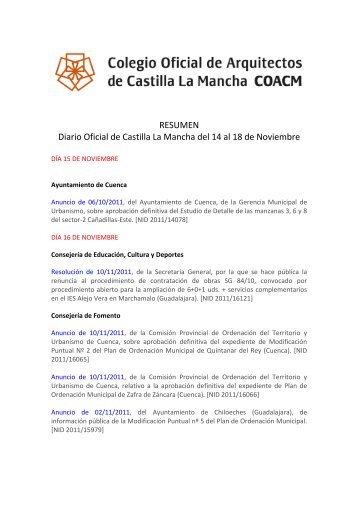 Resumen DOCM del 14 de noviembre al 18 de noviembre de 2011