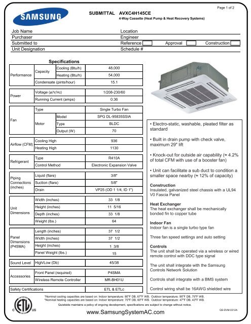 AVXC4H145CE Submittal pdf - Samsung System AC