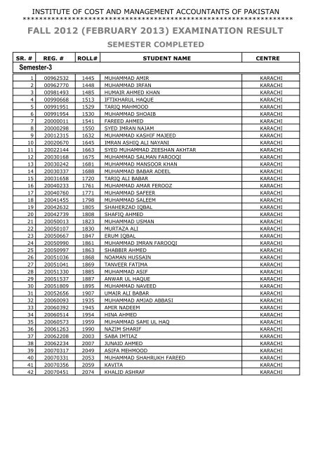 fall 2012 (february 2013) examination result - Institute of Cost and ...