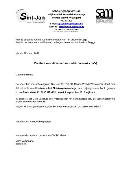 Vacature directeur Sint-Aloysiuscollege Menen per 1 ... - DPB Brugge