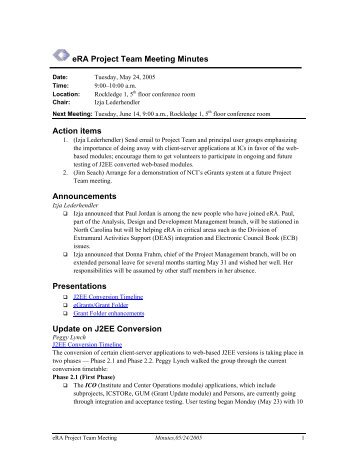 era project team meeting minutes action items handouts opening
