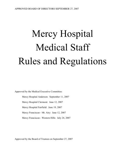 Mercy Hospital Medical Staff Rules And Regulations Mercy