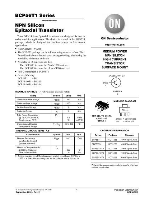 BCP56T1 Series NPN Silicon Epitaxial Transistor - Datasheet Catalog