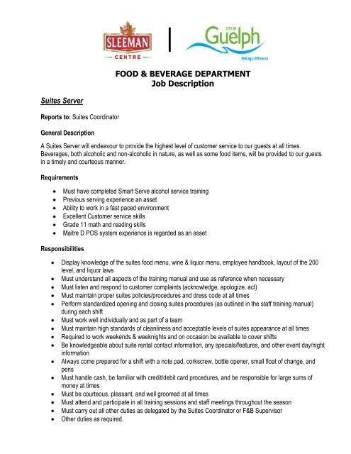 Food and Beverage Job descriptions