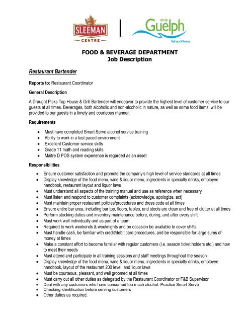 Food and Beverage Job descriptions