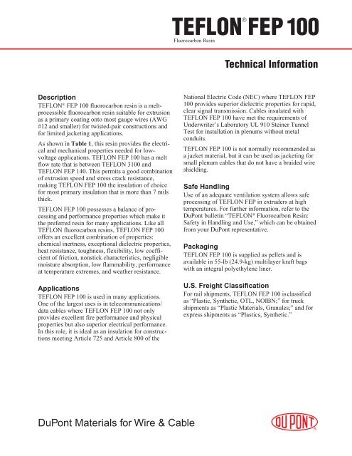 Teflon (R) FEP 100, technical information - DuPont