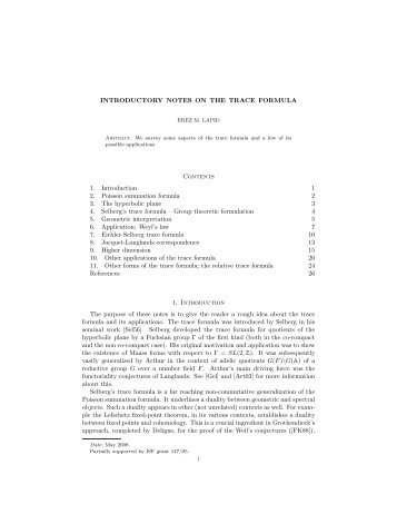 INTRODUCTORY NOTES ON THE TRACE FORMULA Contents 1 ...