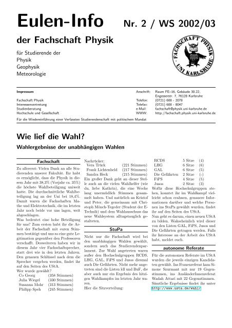 Eulen-Info Nr. 2 / WS 2002/03 - Fachschaft Physik