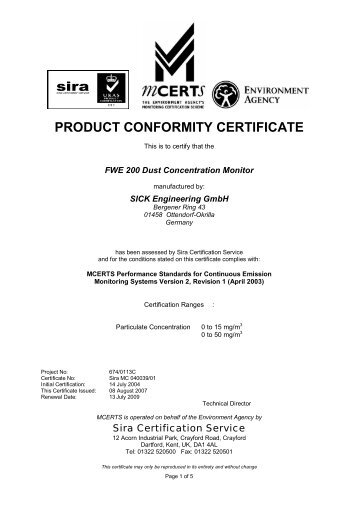 PRODUCT CONFORMITY CERTIFICATE - Sira Environmental