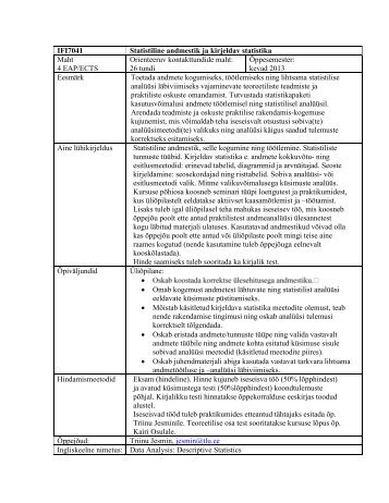 IFI7041 Statistiline andmestik ja kirjeldav statistika Maht 4 EAP ...