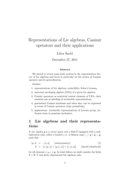 Representations of Lie algebras, Casimir operators and their ...