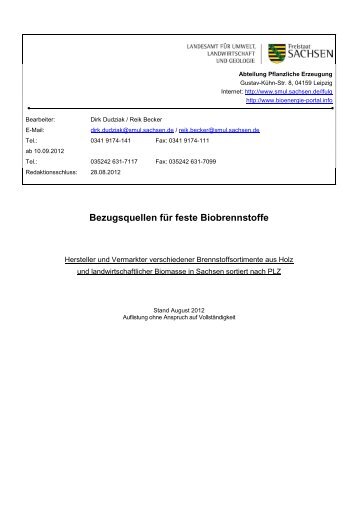 Bezugsquellen für feste Biobrennstoffe - Landwirtschaft in Sachsen