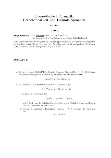 Blatt 6 Fachgebiet Theoretische Informatik