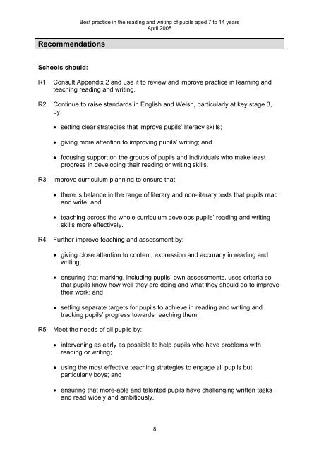 Best practice in the reading and writing of pupils aged 7 to 14 ... - Estyn