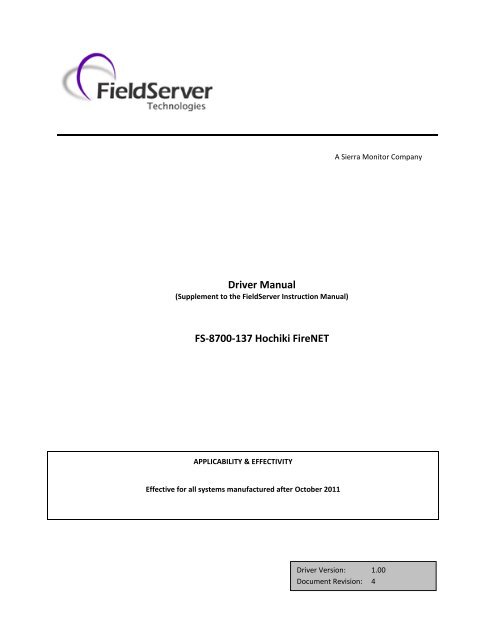 Hochiki Serial Manual - FieldServer Technologies