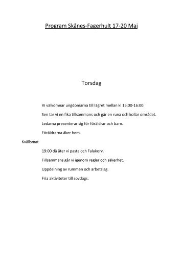 Program SkÃ¥nes-Fagerhult 17-20 Maj Torsdag