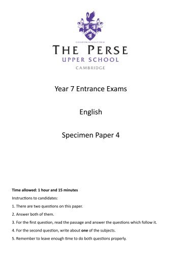 Year 7 Entrance Exams English Specimen Paper 4 - The Perse School